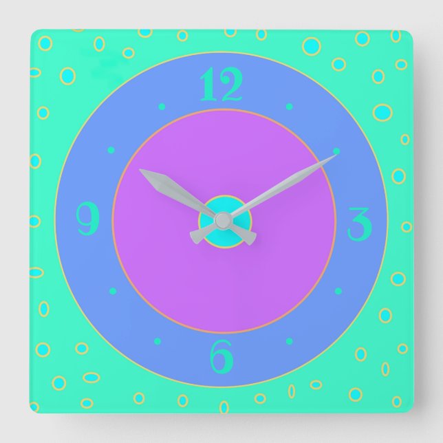 Horloge Carrée Lime avec bouton bleu /Mauve /Aqua/ Centre (Recto)