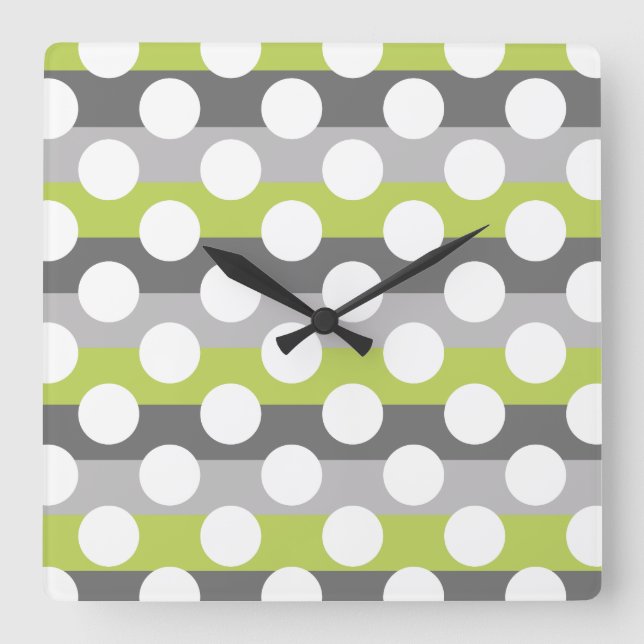 Horloge Carrée Lime Green Grey Blanc moderne Polka Dot Motif (Recto)