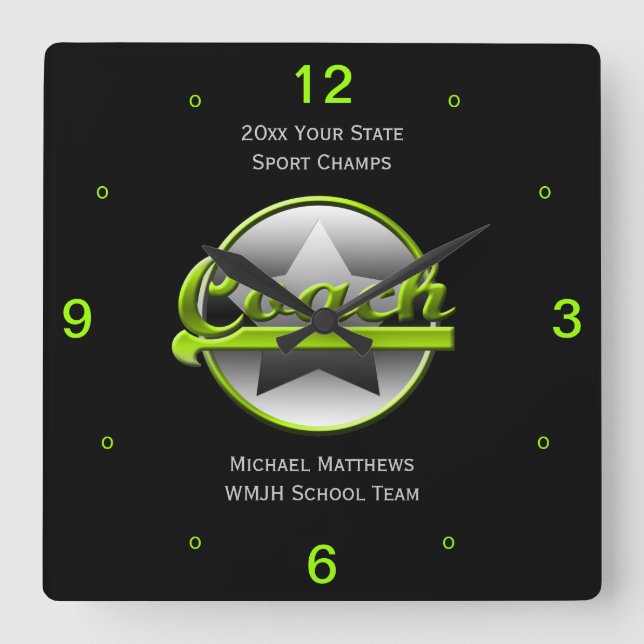 Horloge Carrée Lime Star Coach Name and School Square Clock (Recto)