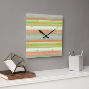 Horloge Carrée Lime Vert Coral Orange Aquarelle Motif
