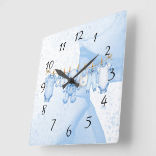 Horloge Carrée Linge de ours en peluche bleu pour Baby Shower