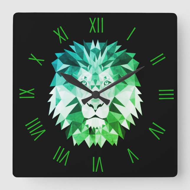 Horloge Carrée Lion géométrique vert avec chiffres romains (Recto)