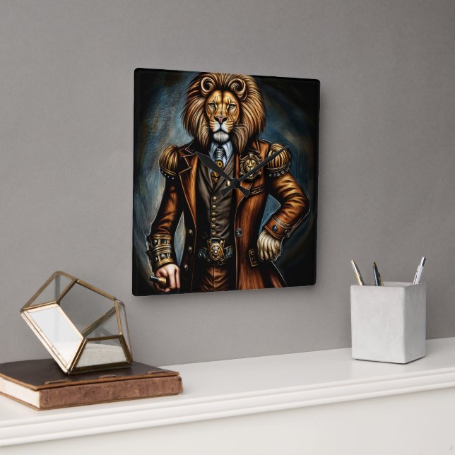 Horloge Carrée Lion steampunk en costume (Bureau)