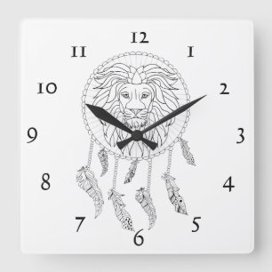 Horloge Carrée Lions tête en noir et blanc dans attrapeur de rêve