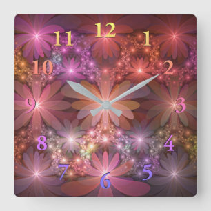 Horloge Carrée Lit De Fleurs Coloré Brillant Art Fractal Abstrait