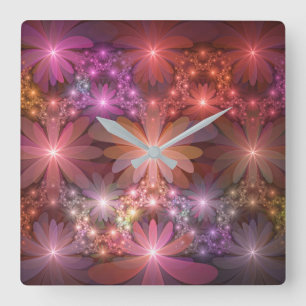 Horloge Carrée Lit De Fleurs Coloré Brillant Art Fractal Abstrait