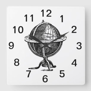 Horloge Carrée Lithographie du monde vintage dessin BW