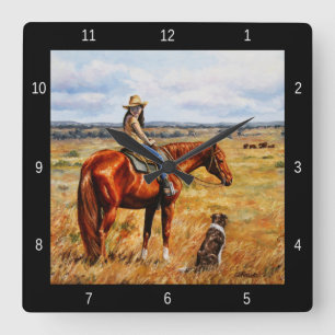 Horloge Carrée Little Cowgirl on Cattle Horse