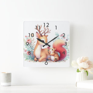 Horloge Carrée Livre D'Histoire Bébés Bois Cerfs Et Chipmunk