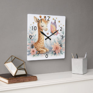 Horloge Carrée Livre d'histoire Bois Bébés Giraffe Papillon