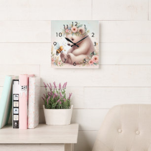 Horloge Carrée Livre D'Histoire Bois Bébés Ours Et Abeilles