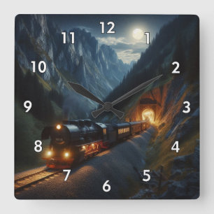 Horloge Carrée Locomotive à vapeur traversant les montagnes