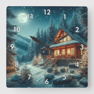 Horloge Carrée Log Cabine dans la forêt remplie de neige sous la