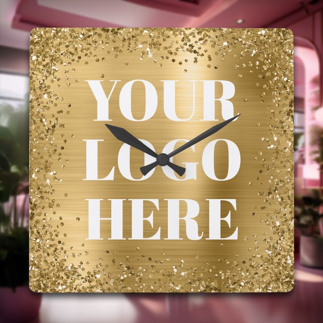 Horloge Carrée Logo de bordure et d'huile de Parties scintillant  (Gold Glitter Border and Foil Logo Square Wall Clock)