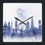 Horloge Carrée London Skyline - Watercolor Blue<br><div class="desc">London Skyline Watercolour Splash Blue by Fab Funky. Features famous landmarks of London in a watercolor style.</div>