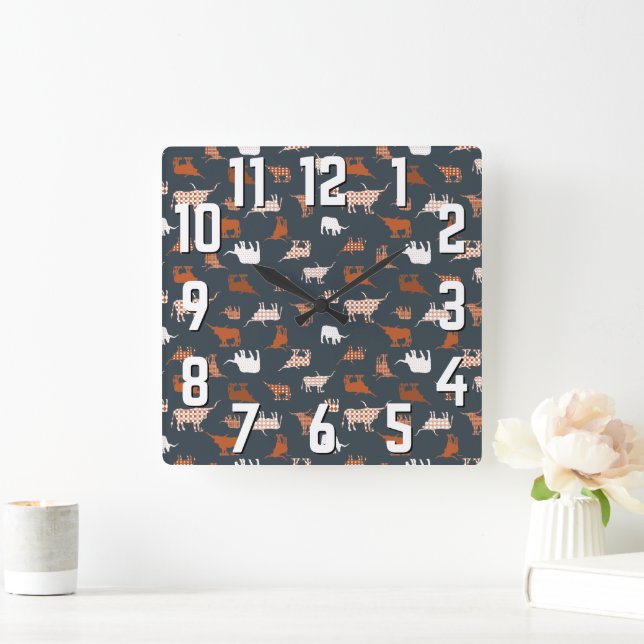 Horloge Carrée Longhorns à motifs Gris foncé et orange brûlé (Maison)
