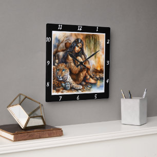 Horloge Carrée Lore autochtone : La réflexion de Tiger's Eyes Moo