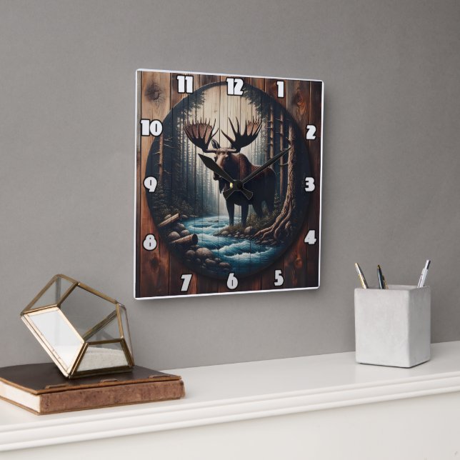 Horloge Carrée L'orignal majestueux au bord de la rivière dans la (Bureau)
