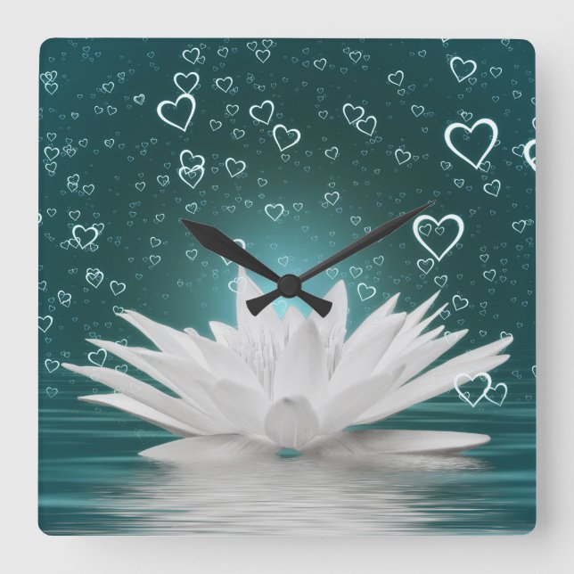 Horloge Carrée Lotus Romantique Coeurs Fleurs Zen Yoga Lily d'eau (Recto)