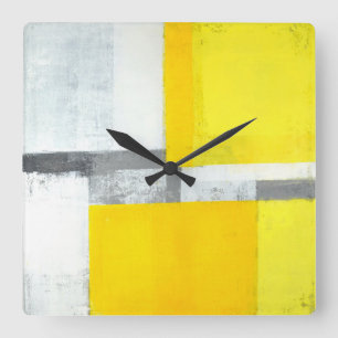 Horloge Carrée 'Loud' Gris et Jaune Art Abstrait