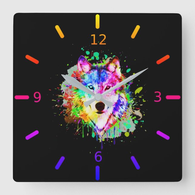 Horloge Carrée Loup à éclaboussure couleur aquarelle (Recto)
