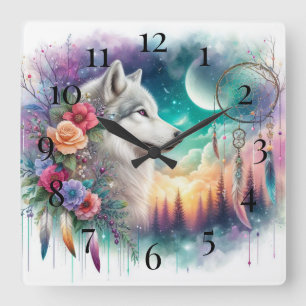 Horloge Carrée Loup bohémien et attrape-rêves