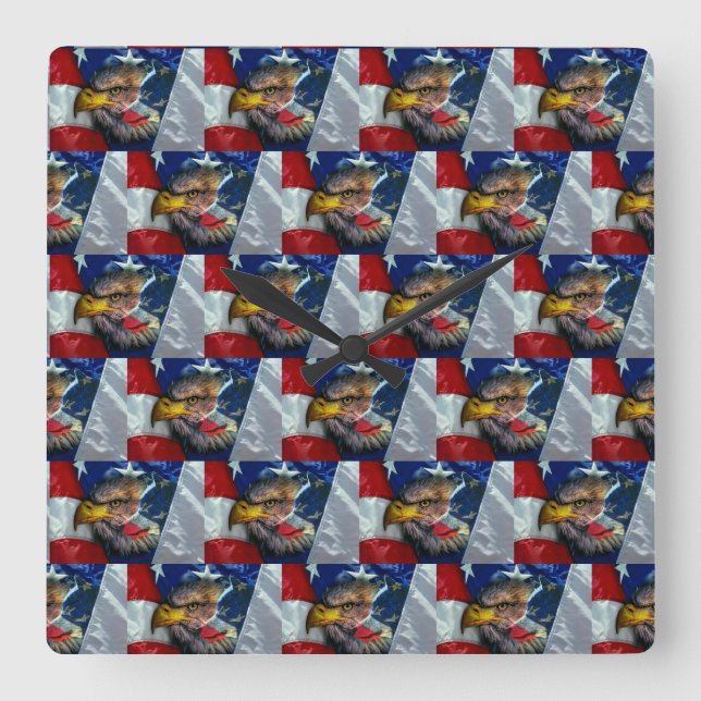 Horloge Carrée Loup d'aigle patriotique américain (Recto)