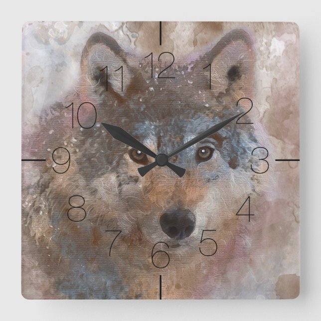Horloge Carrée Loup dans le Watercolor (Recto)