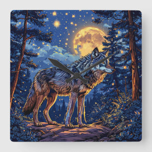 Horloge Carrée Loup en forêt