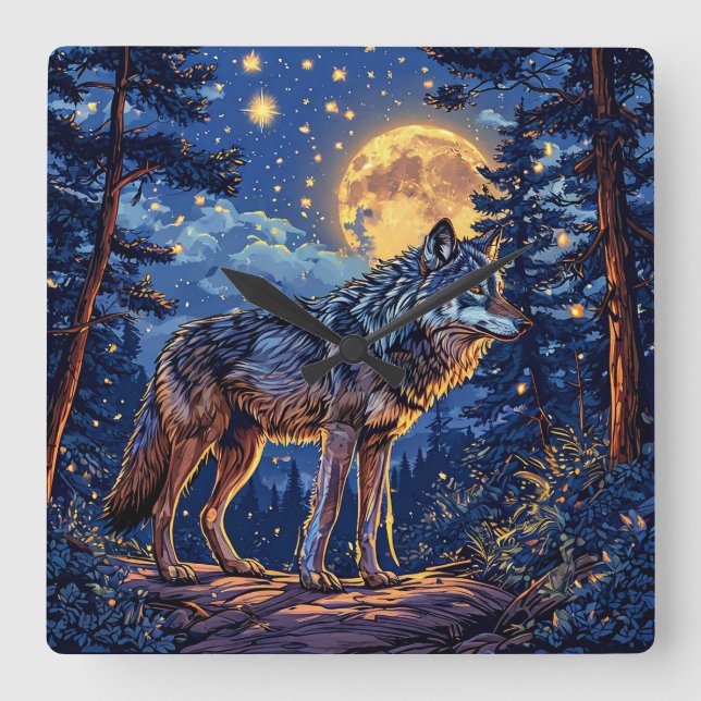 Horloge Carrée Loup en forêt (Recto)