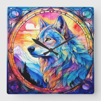Horloge Carrée Loup en vitrail