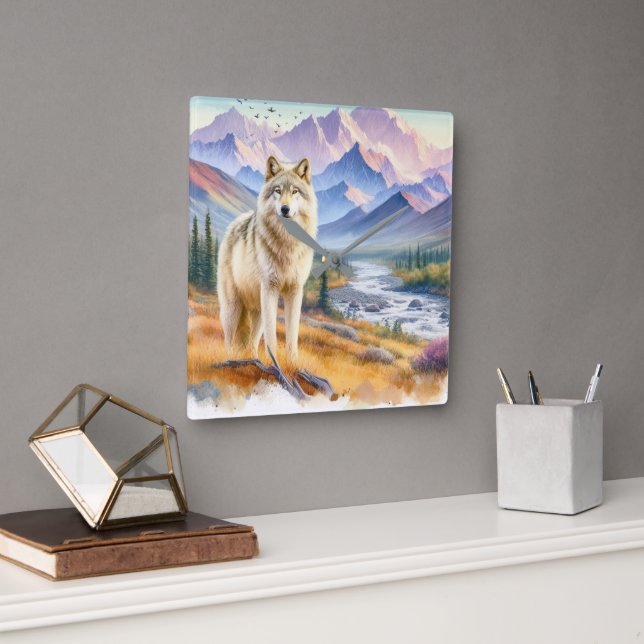 Horloge Carrée Loup Gris Nature  (Bureau)