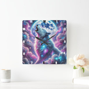 Horloge Carrée Loup mystique hurlant sous une Lune cosmique vibra