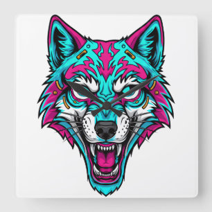 Horloge Carrée Loup néon Cyberpunk - Animal robotique Synthwave