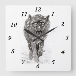Horloge Carrée Loup noir en colère dans la neige, hiver sauvage