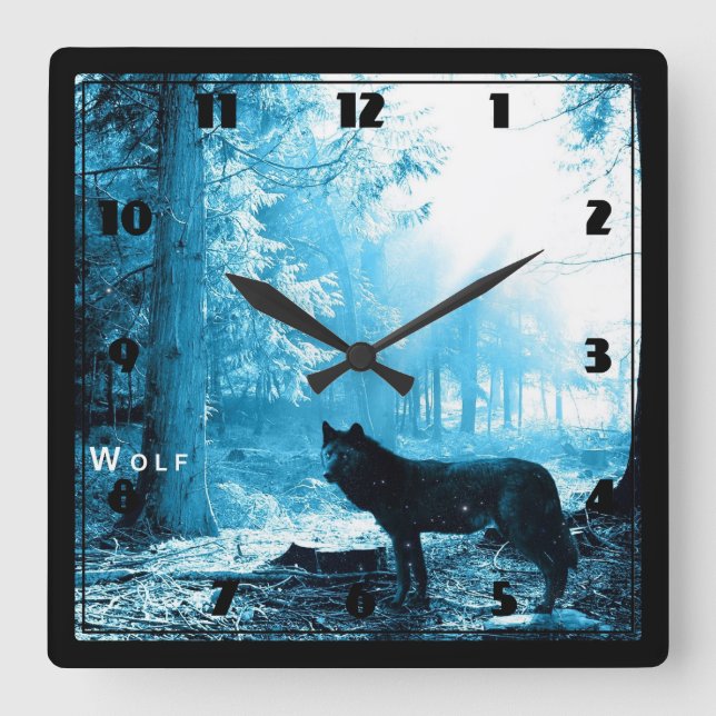 Horloge Carrée Loup noir seul dans la forêt (Recto)