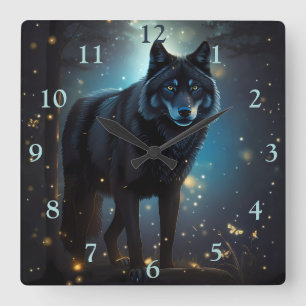 Horloge Carrée Loup noir sombre et mystérieux