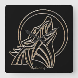 Horloge Carrée Loup solitaire hurlant Élégant gris argenté noir