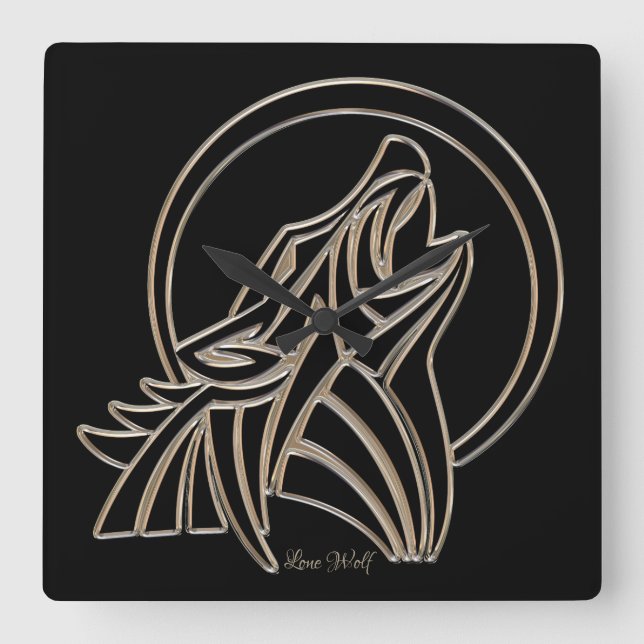Horloge Carrée Loup solitaire hurlant Élégant gris argenté noir (Recto)