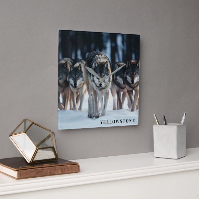 Horloge Carrée Loups de Yellowstone (Bureau)