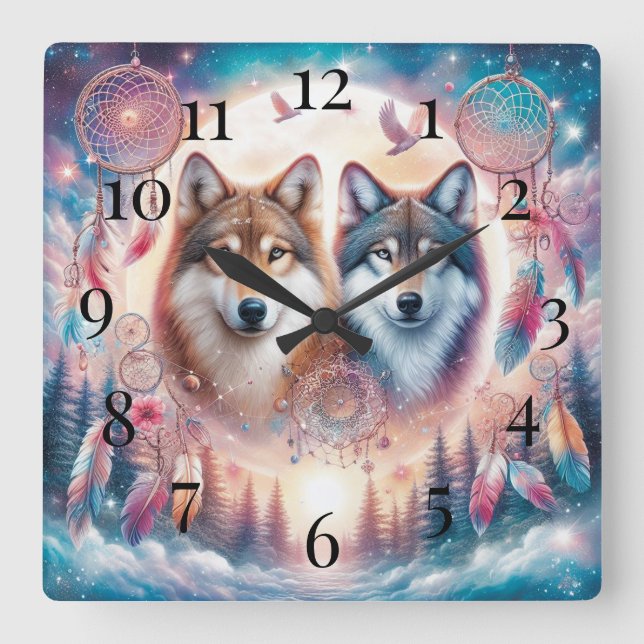 Horloge Carrée Loups et Dreamcatchers (Recto)