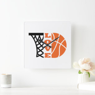 Horloge Carrée Love Basketball hoop et orange ball