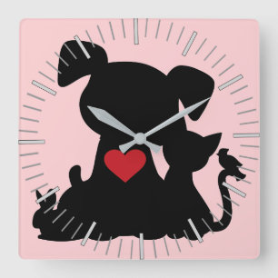 Horloge Carrée Love Chiot et Kitten Silhouette rose