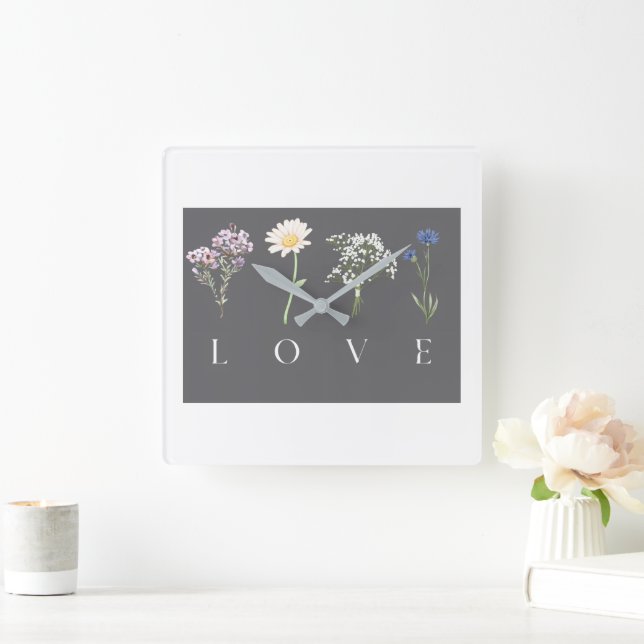 Horloge Carrée LOVE Floral – Impression botanique romantique (Maison)