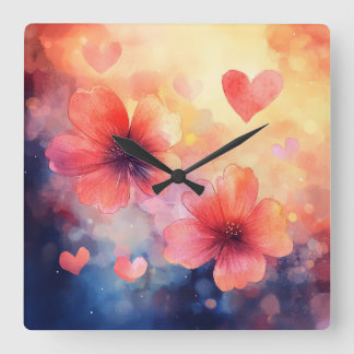 Horloge Carrée Love in Bloom – Romantic Square Floral Wall Clock