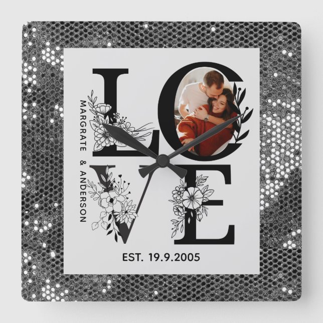 Horloge Carrée Love photo simple modern personalised gift silver (Recto)