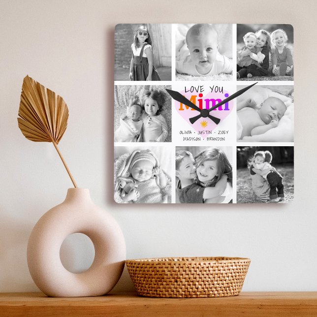 Horloge Carrée Love You Mimi 8 Photo Collage Bold Modern Graphic (Créateur téléchargé)