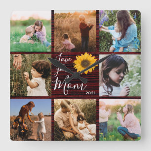 Horloge Carrée Love You Mom Family Photo Collage Tournesol rustiq