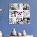 Horloge Carrée Love You Nana Colorful Bold Modern 8 Photo Collage<br><div class="desc">"Je t'aime Nana." Elle aime chaque minute avec ses petits-enfants. Un visuel ludique, fantaisiste et élégant de la typographie audacieuse colorée à l'arc-en-ciel et de la typographie manuscrite noire recouvrent un coeur rose pâle et doux et un arrière - plan blanc. Ajoutez 8 photos chères de votre choix et customisez...</div>