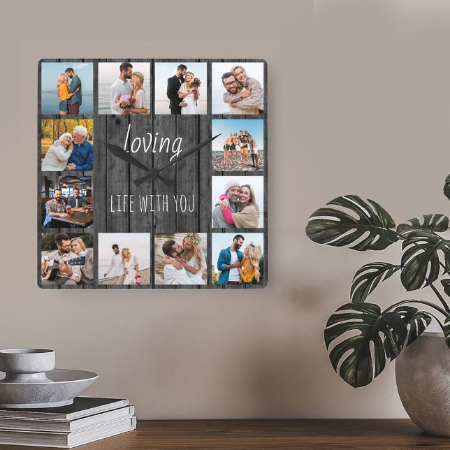 Horloge Carrée Loving Life with You Quote 12 Photo Grey Wood (Grey wood effect clock with 12 photos - lettered with "loving life with you")